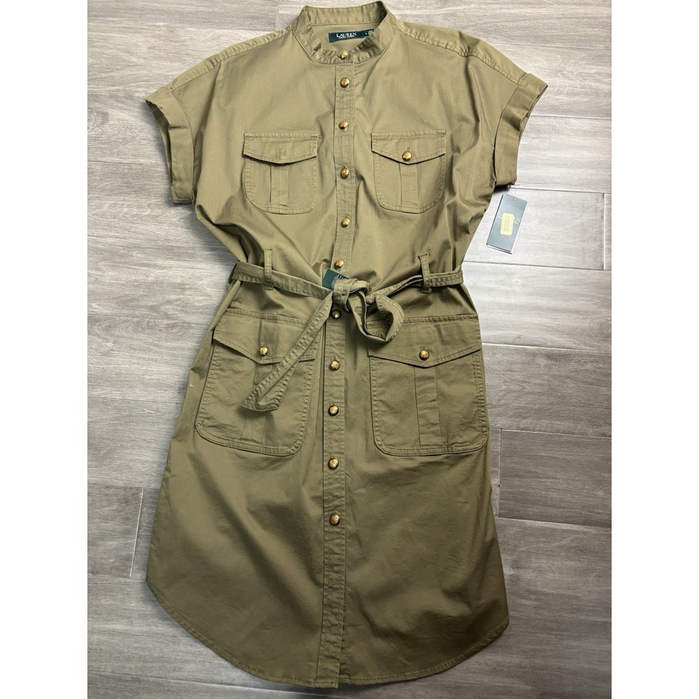 Lauren Ralph Lauren Utility Shirt Dress Womens 6 Green Short Sleeve Belted